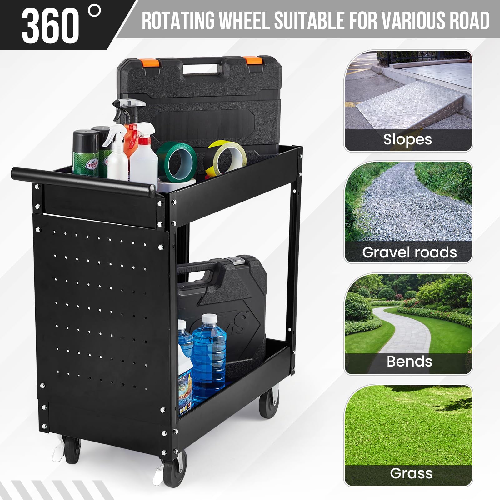 Garvee 2 Tier Rolling Tool Cart,330 Lbs Metal Heavy Duty Utility Cart On Wheels,2 Shelf Steel Utility Cart, Tool Storage Organizer for Mechanic, Garage, Workshop, Warehouse & Repair Shop