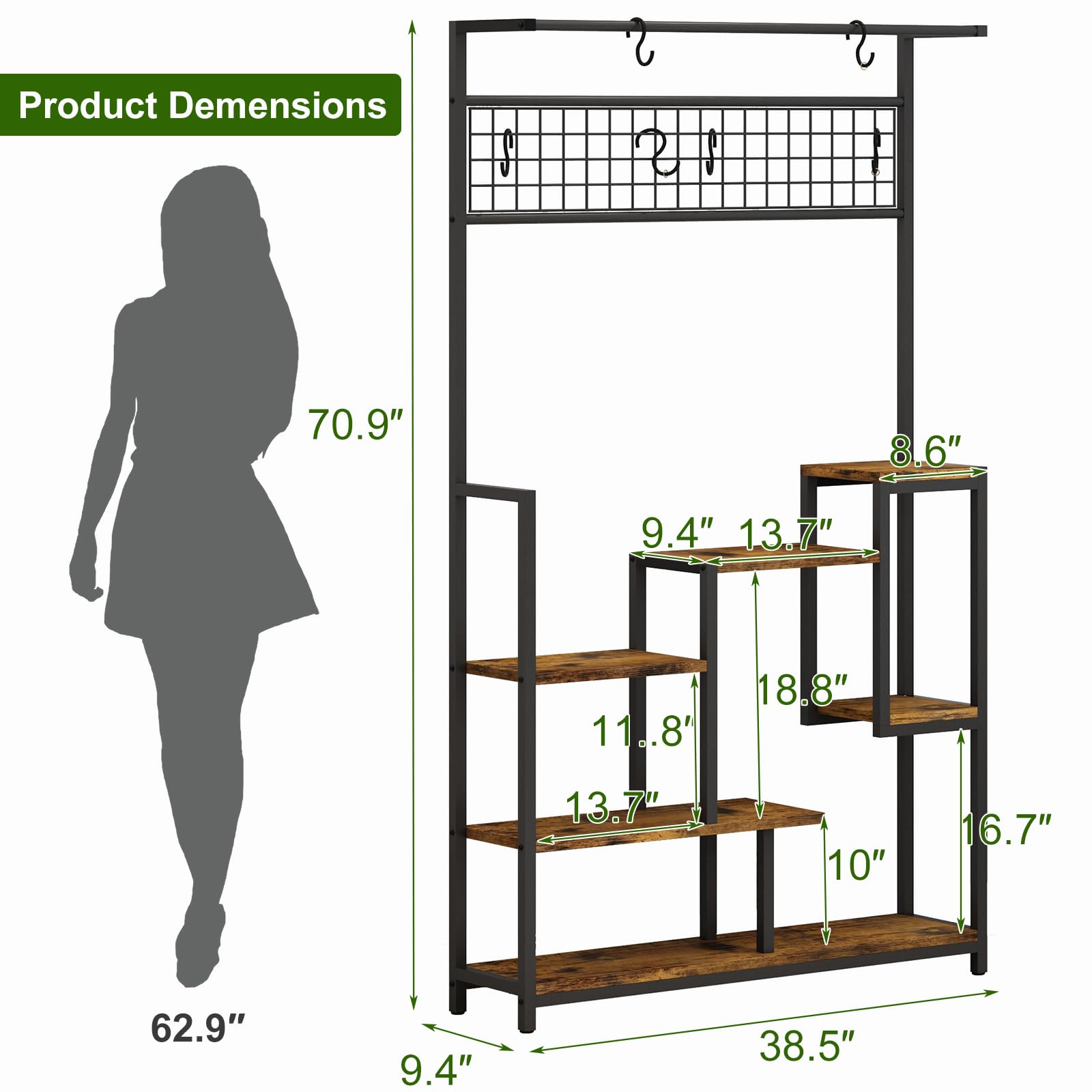 Garvee 7-Tier Tall Plant Shelf with Grow Light - Indoor Metal Plant Stand with Hanging Hooks, Multi-Purpose Bonsai & Flower Pot Organizer for Balcony & Living Room, Brown