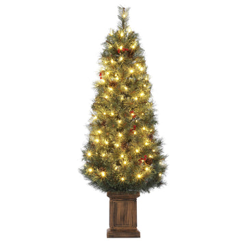 Garvee 4.5ft Christmas Tree, Snow Flocked Pre-lit Artificial Christmas Tree with 108 LED Lights & 8 Lighting Modes, Fake Xmas Tree with Red Berries, Christmas Decoration for Home