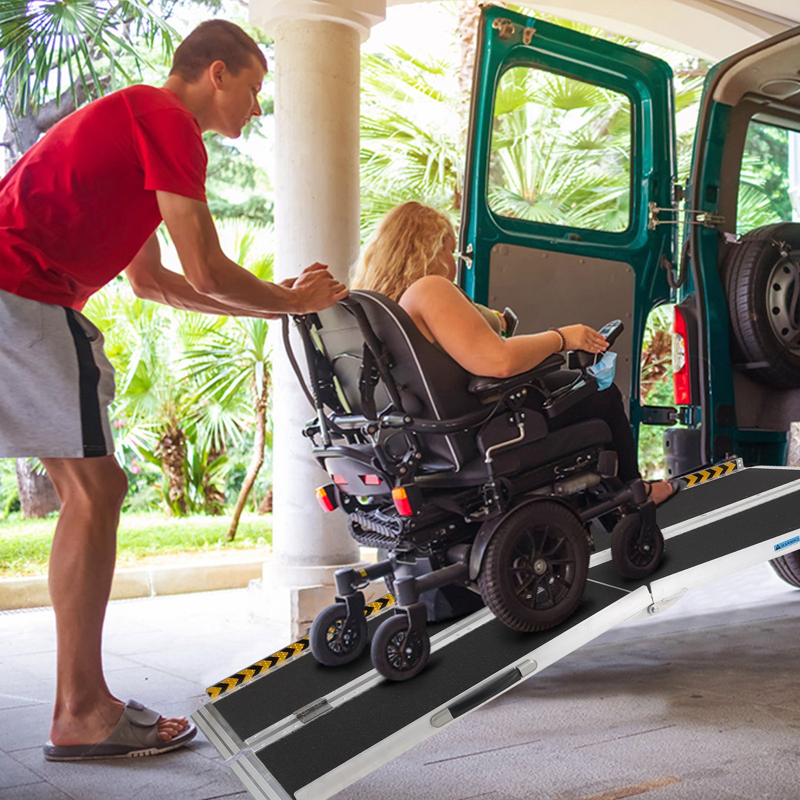 Garvee 7FT Aluminum Wheelchair Ramp Portable Foldable 600Lbs Capacity Non-Skid Surface Reflective Strips Home Use