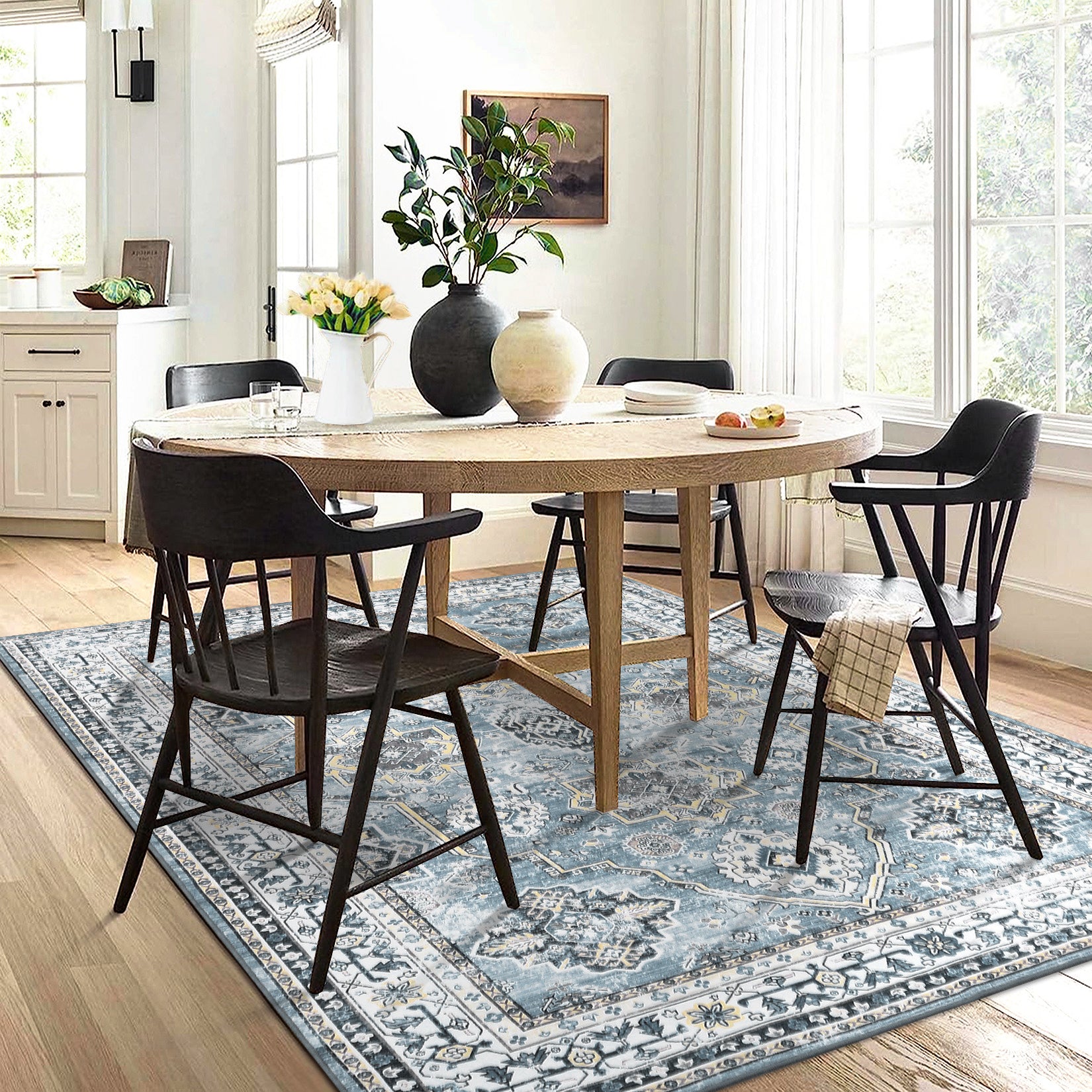 Garvee Boho Blue 6x9 Washable Rug, Oriental Vintage Non Slip Soft Faux Wool Stain Resistant Carpet for Living Room, Bedroom, Office