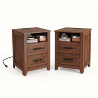 Garvee Farmhouse Nightstand Set of 2 with 2 Drawers, Charging Station, MDF Wood, Open Shelf, Compact Size for Bedroom Living Room