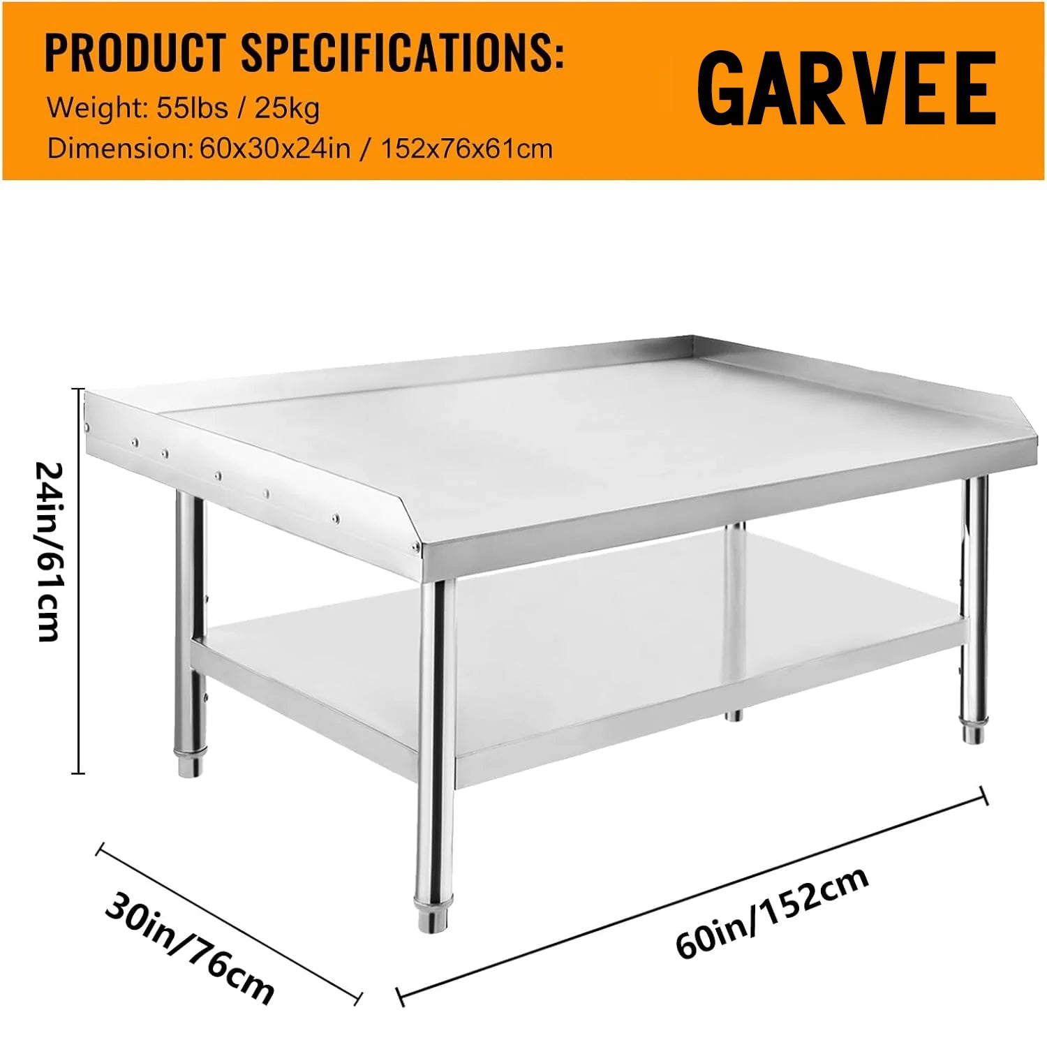 GARVEE 60"L x 30"W x 24"H Stainless Steel Grill Stand Table - Heavy-Duty, Adjustable Undershelf, Easy to Assemble, for Home and Commercial Kitchens