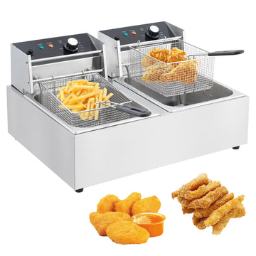Garvee 3600 Watts 6L+6L Electric Deep Fryer with Basket - Stainless Steel Temperature Control Countertop Fryer for Home/Restaurant (110V)