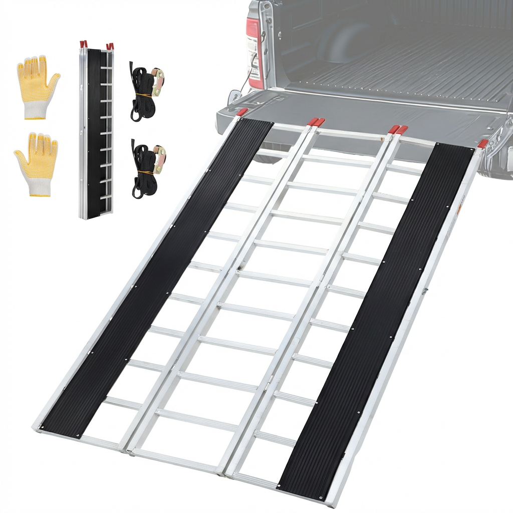 Garvee 85"L x 54"W Snowmobile Ramp, 1500 LBS Capacity Aluminum Tri-Fold Loading Ramps for ATV/UTV/Motorcycle/Lawn Mower/Garden Tractor, Pickup Truck & Trailer Loading, Silver