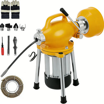 Garvee Drain Auger Sewer Snake - Portable Electric Drain Cleaner with Auto Feed, 500W Motor, Steel Cables & 6 Cutters, Heavy-Duty Steel (Yellow), for 1.6"-4" Pipes, Ideal for Home & Professional Use