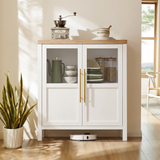 Garvee Sideboard Buffet Cabinet with 2 Glass Doors, 29" Large Buffet Cabinet with Storage, Modern Farmhouse Storage Cabinet Table for Kitchen Dining Room, Living Room (Glass with 2 Door, White) - White+wood Color