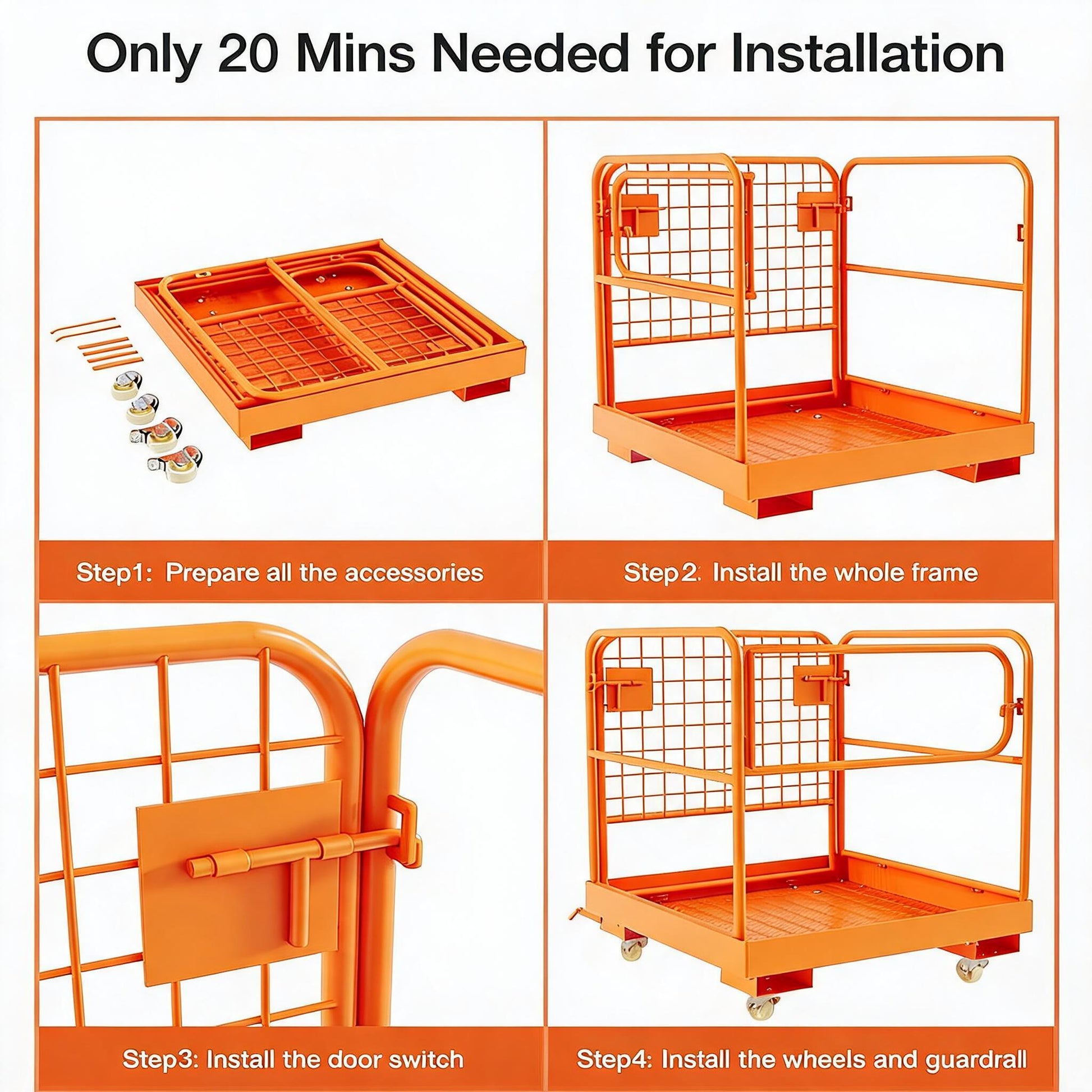 Garvee 36" × 36" Forklift Safety Cage, 1800 lb Foldable Steel Man Basket with Guardrail Chain & Anti-Slip Deck, Orange