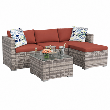 Garvee 5-Piece All-Weather PE Wicker Modular Patio Sectional Sofa Set with Ottoman, Glass Table & Red Cushions