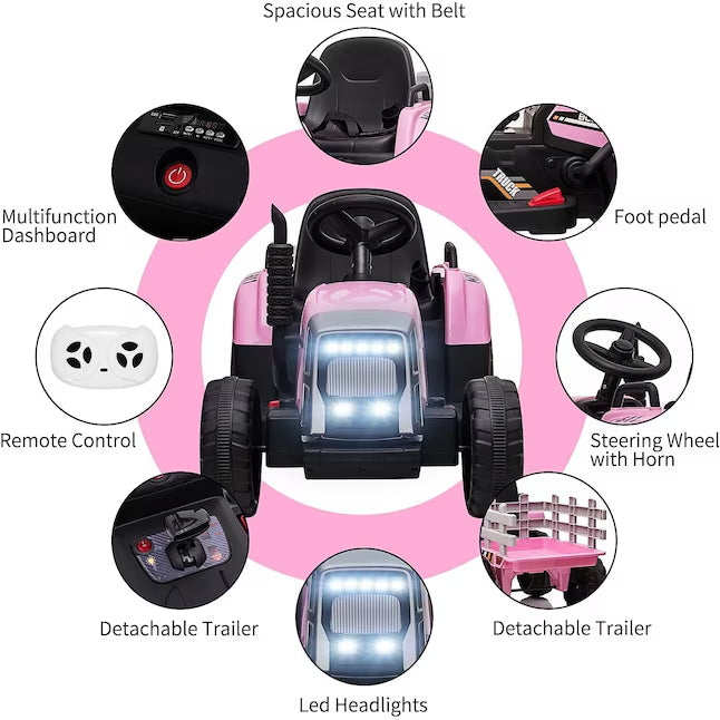 Garvee Ride - P Series: 12V Electric Tractor & Trailer for Kids, 3-6 Yrs - With RC - Pink / 35W