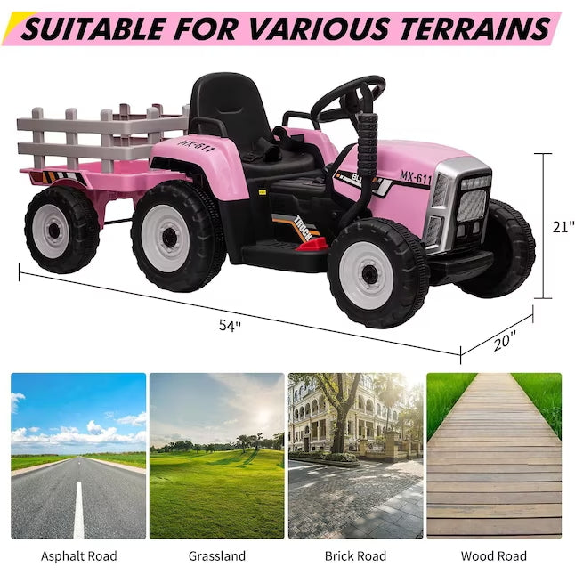 Garvee Ride - P Series: 12V Electric Tractor & Trailer for Kids, 3-6 Yrs - With RC - Pink / 35W
