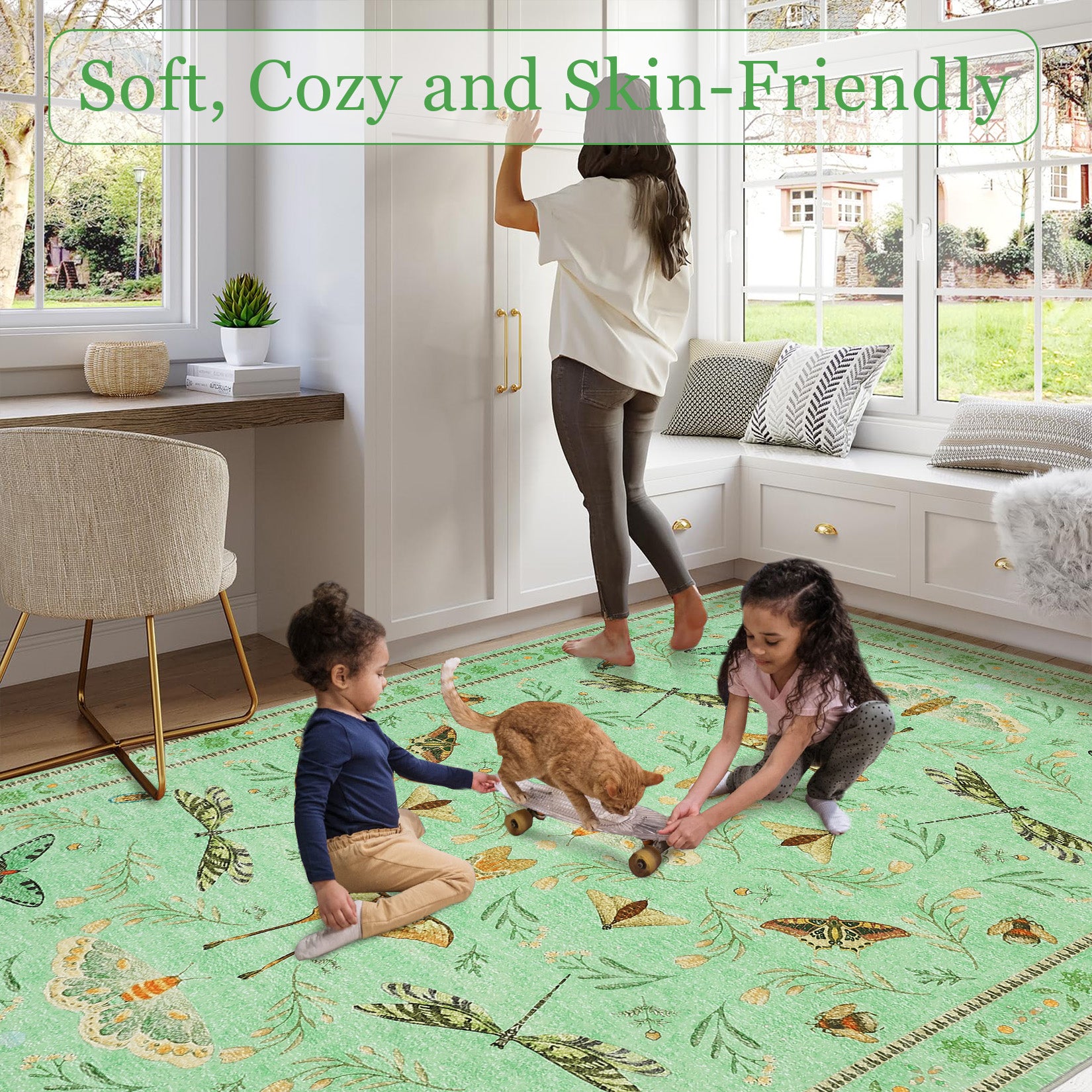 Garvee 6' x 9' Botanical Insect Area Rug, Washable Non-Slip Soft Low-Pile Moth, Butterfly & Dragonfly Rug for Living Room & Bedroom, Light Green
