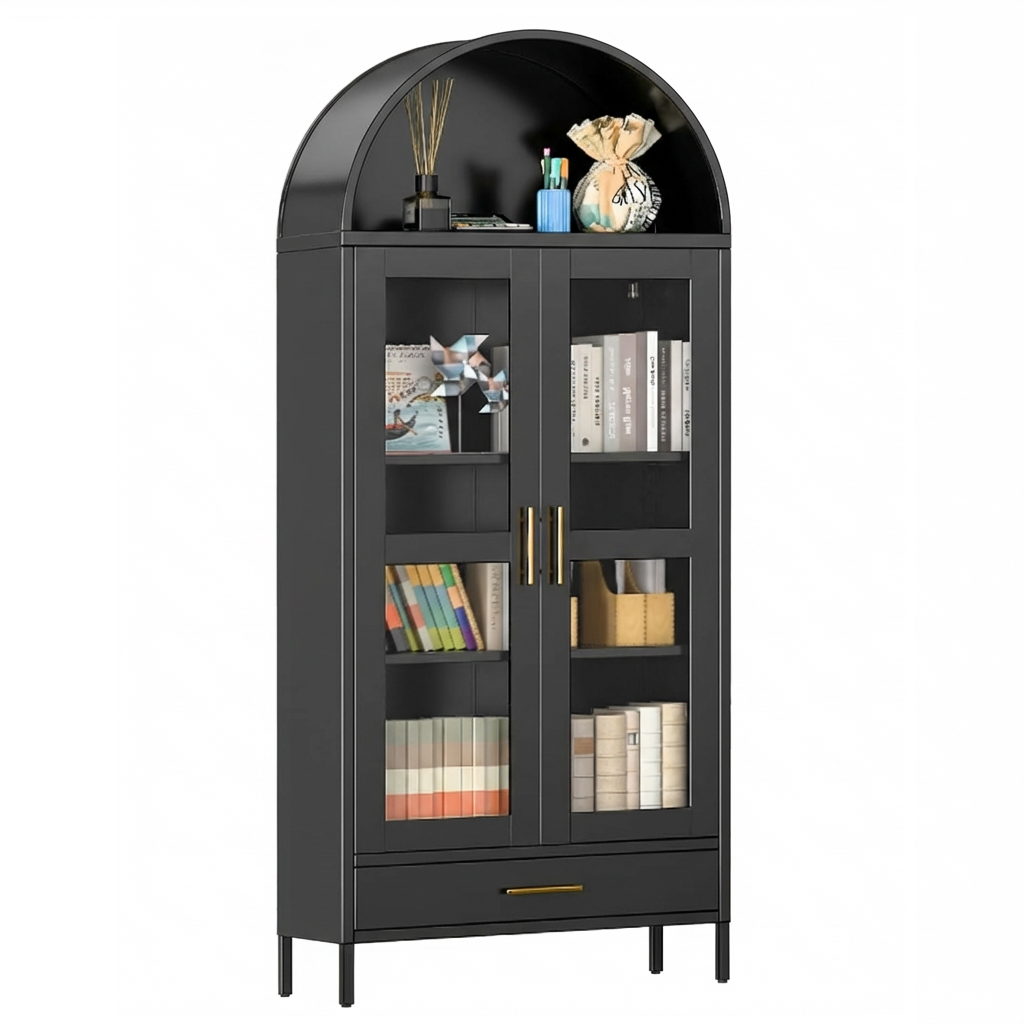 Garvee 73" Tall Arched Pantry Cabinet with 2 Adjustable Shelves & Drawers, Modern Farmhouse Arched Bookcase with Glass Door, Freestanding Display Cabinet for Living Room, Home Office, Black
