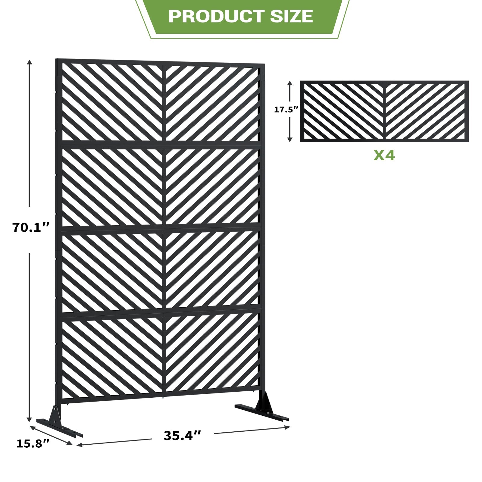 Garvee 70.1" H×35.4" W Metal Privacy Screen, Freestanding Outdoor Privacy Screen with Stable Base for Deck, Porch, Patio, Outdoor and Balcony (Consists of 4 Panels), Black