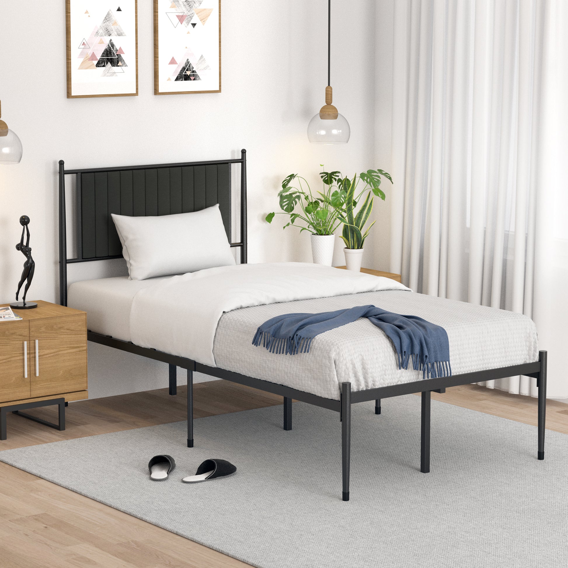 Garvee Twin Size Metal Platform Bed Frame with Upholstered Headboard, Bed Frame Mattress Foundation with Slat Support and 12.3" Storage Height No Box Spring Needed for Girl Boy Adults Black