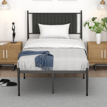 Garvee Twin Size Metal Platform Bed Frame with Upholstered Headboard, Bed Frame Mattress Foundation with Slat Support and 12.3" Storage Height No Box Spring Needed for Girl Boy Adults Black