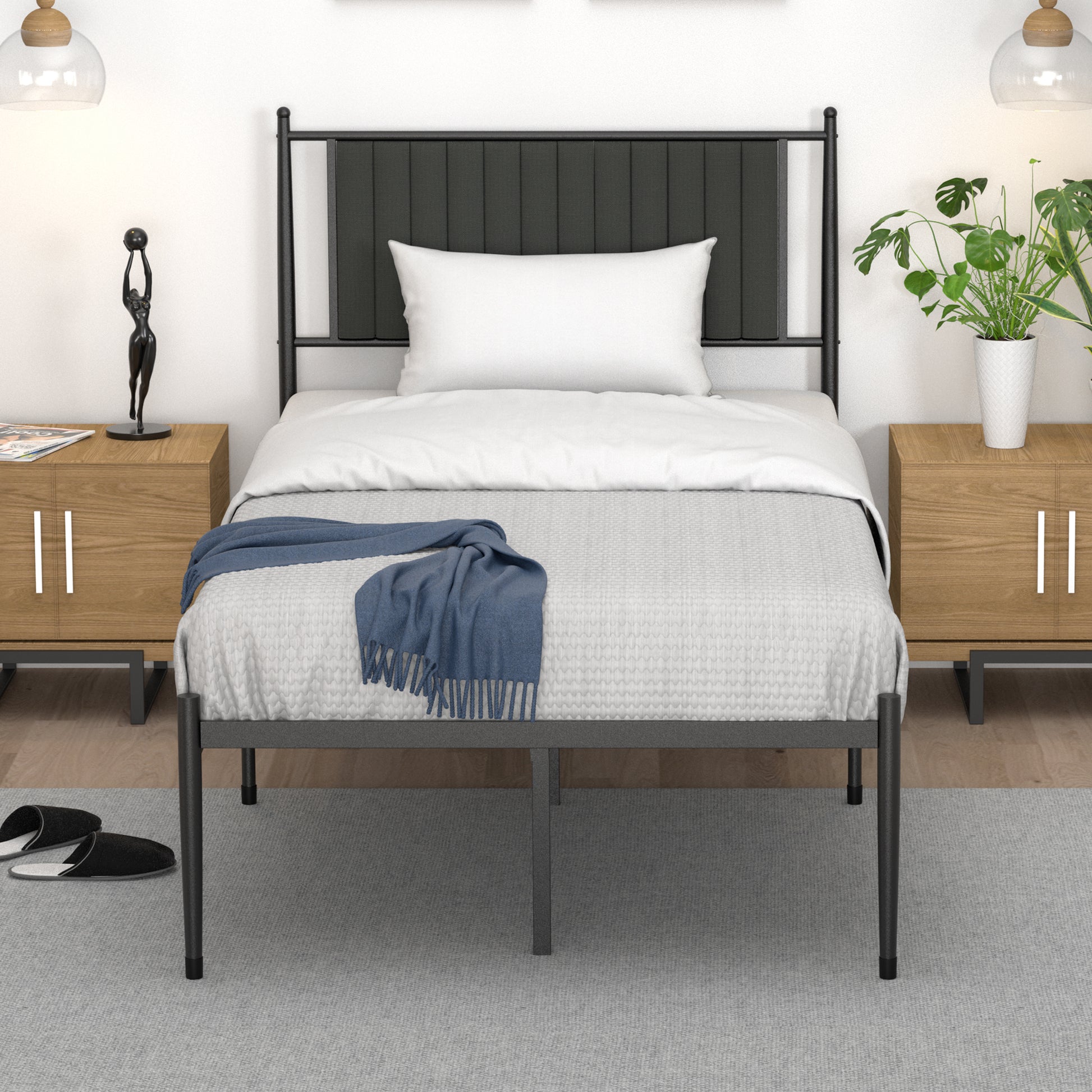Garvee Twin Size Metal Platform Bed Frame with Upholstered Headboard, Bed Frame Mattress Foundation with Slat Support and 12.3" Storage Height No Box Spring Needed for Girl Boy Adults Black