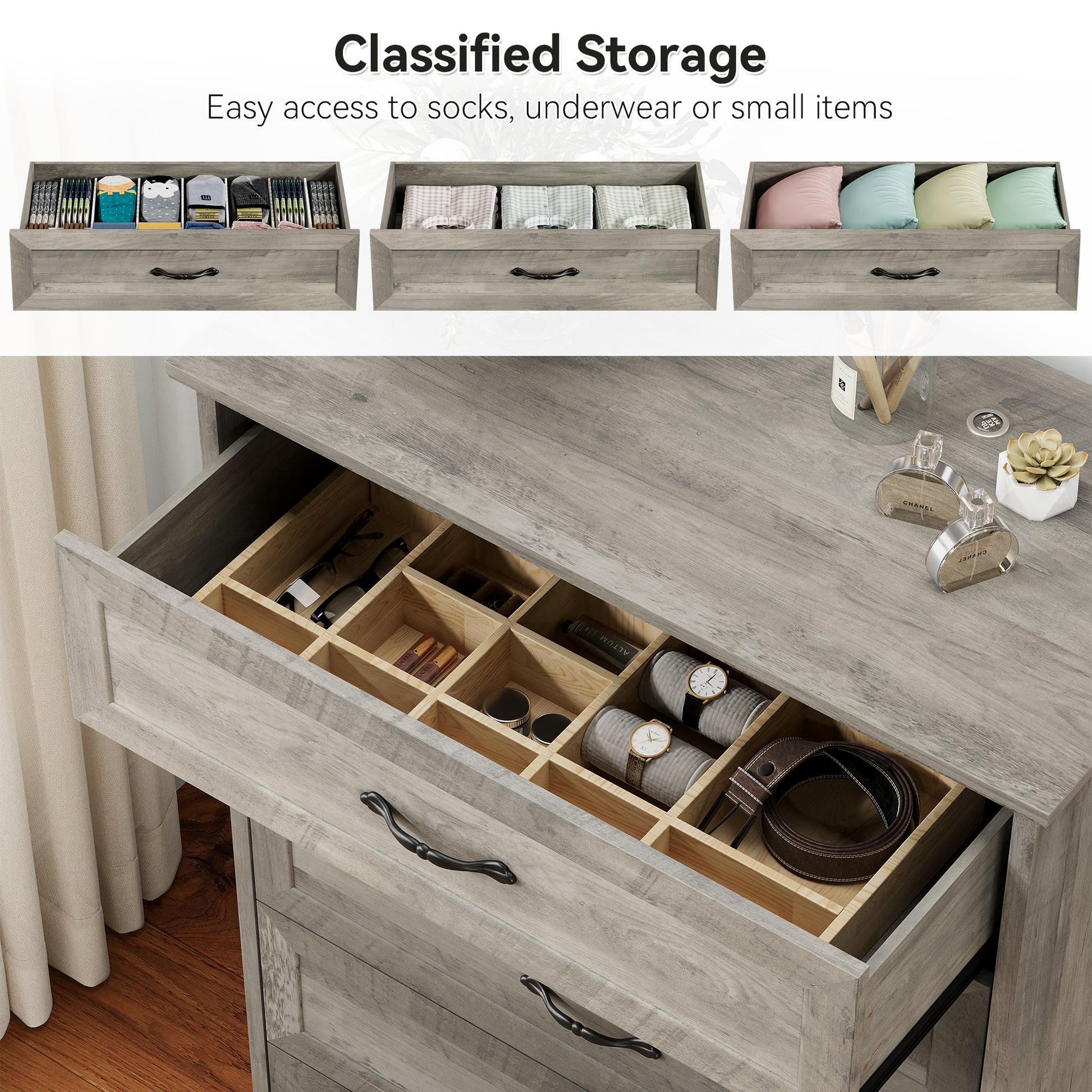 Garvee 5 Drawers Dresser for Bedroom, Chest of Drawers with Wide Metal Handle, Farmhouse Modern Wooden Dresser Storage Organizer for Bedroom, Living Room, Kids Room(Grey)