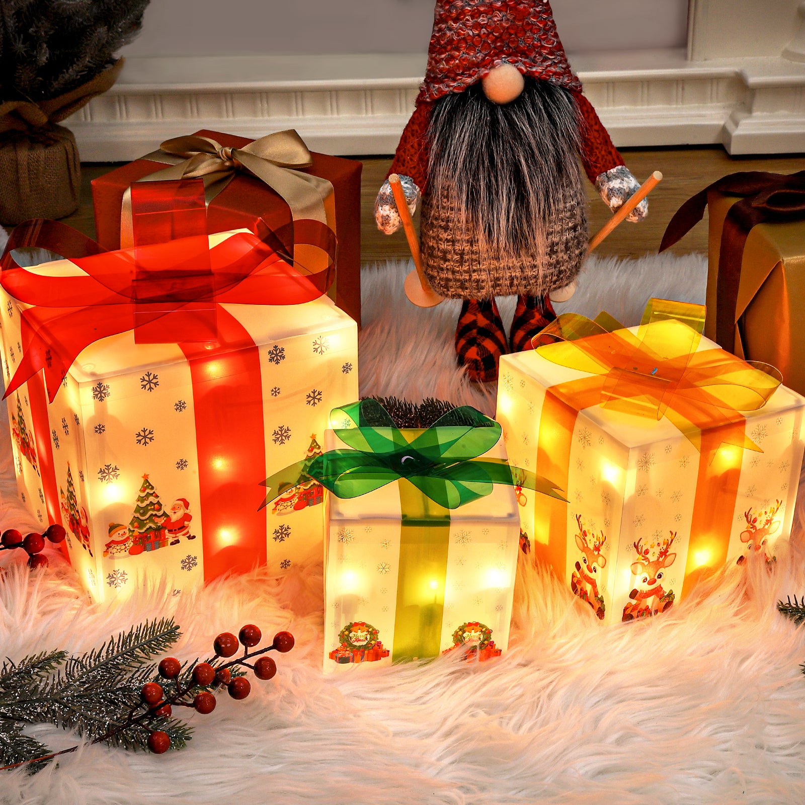 Garvee 3Pcs Christmas Lighted Gift Boxes Decorations