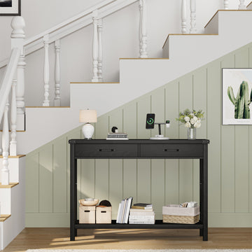 Garvee Console Table with 2 Drawers, Farmhouse Sofa Table with Storage Shelf, Accent Wood Entryway Table for Entryway, Black