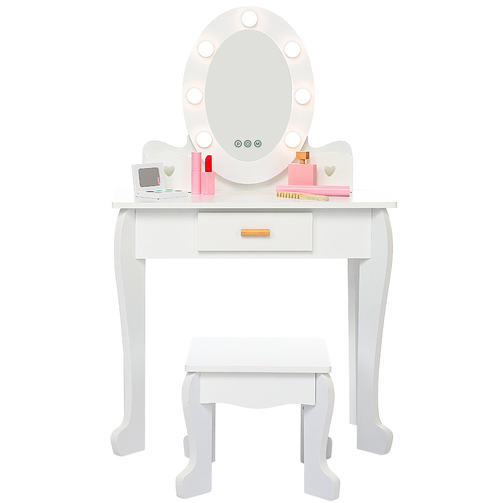 Garvee Kids Vanity Table Set with Lights Mirror, Storage Drawer and Stool Suitable for Girls Age 3-10, White