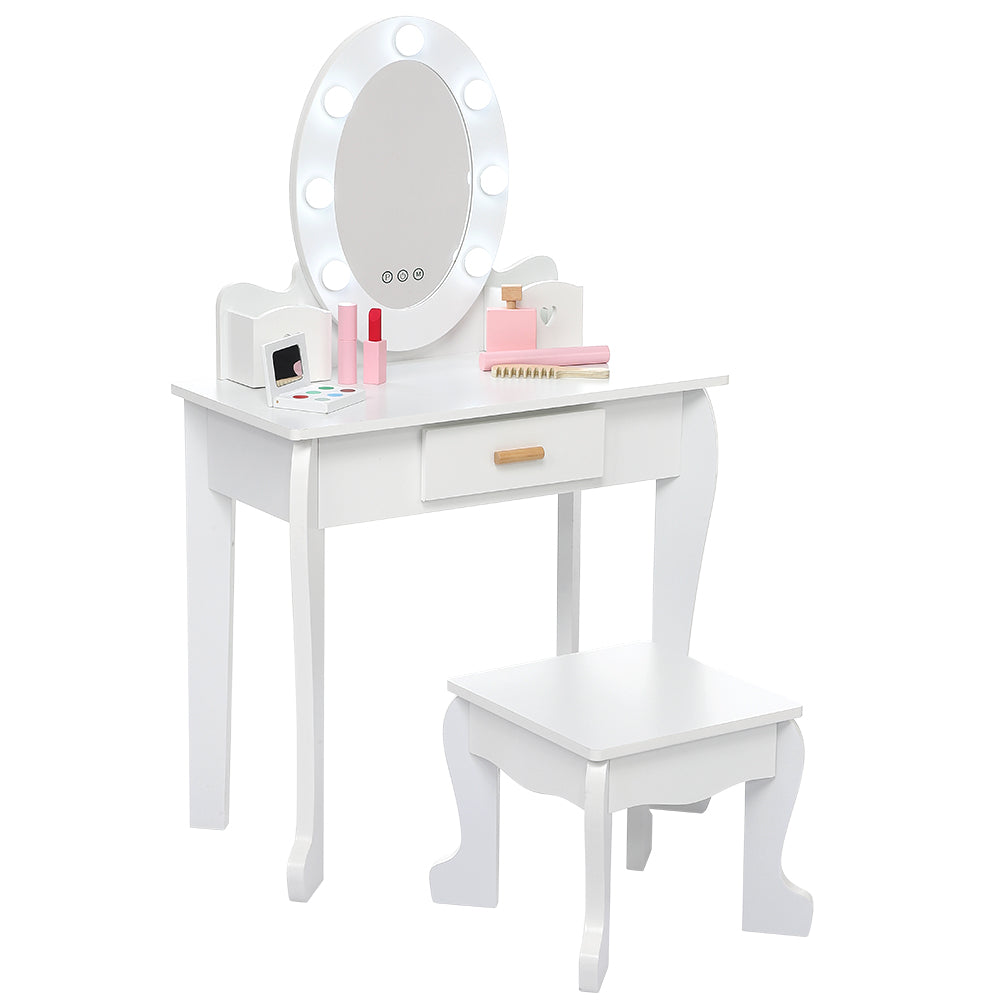 Garvee Kids Vanity Table Set with Lights Mirror, Storage Drawer and Stool Suitable for Girls Age 3-10, White