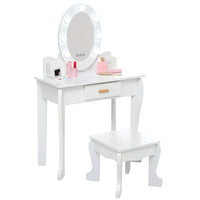 Garvee Kids Vanity Table Set with Lights Mirror, Storage Drawer and Stool Suitable for Girls Age 3-10, White