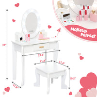 Garvee Kids Vanity Table Set with Lights Mirror, Storage Drawer and Stool Suitable for Girls Age 3-10, White