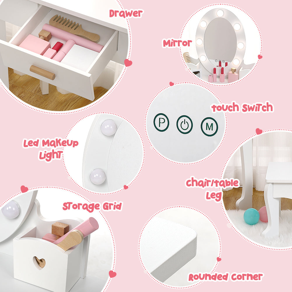 Garvee Kids Vanity Table Set with Lights Mirror, Storage Drawer and Stool Suitable for Girls Age 3-10, White