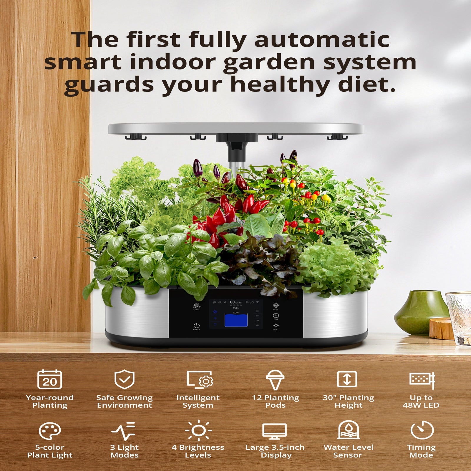 Garvee WiFi 12-Pod Hydroponics Growing System w/ APP Control – Indoor Garden Up to 30", 48W 120-LED Grow Light, Silent Pump, Timer, GS1 Max