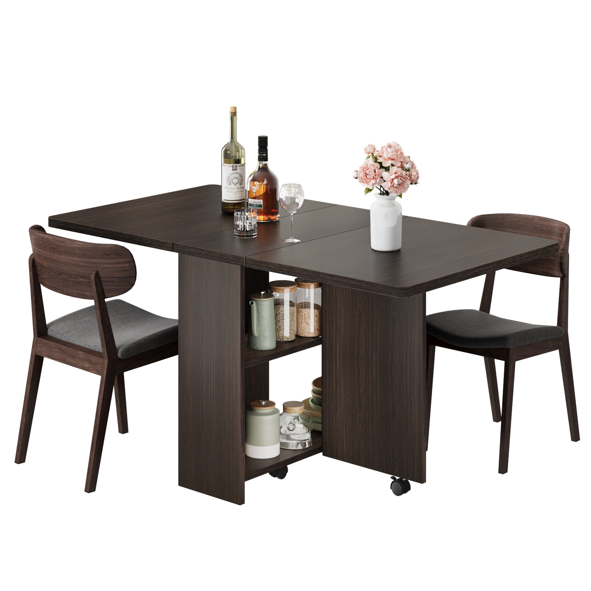 Garvee 51.1" Folding Dining Table, Drop Leaf Dining Table for 4, Foldable Kitchen Table with 2 Storage Shelf, 6 Wheels, Movable Space Saving Dining Tables for Small Spaces, Dark Walnut, Large