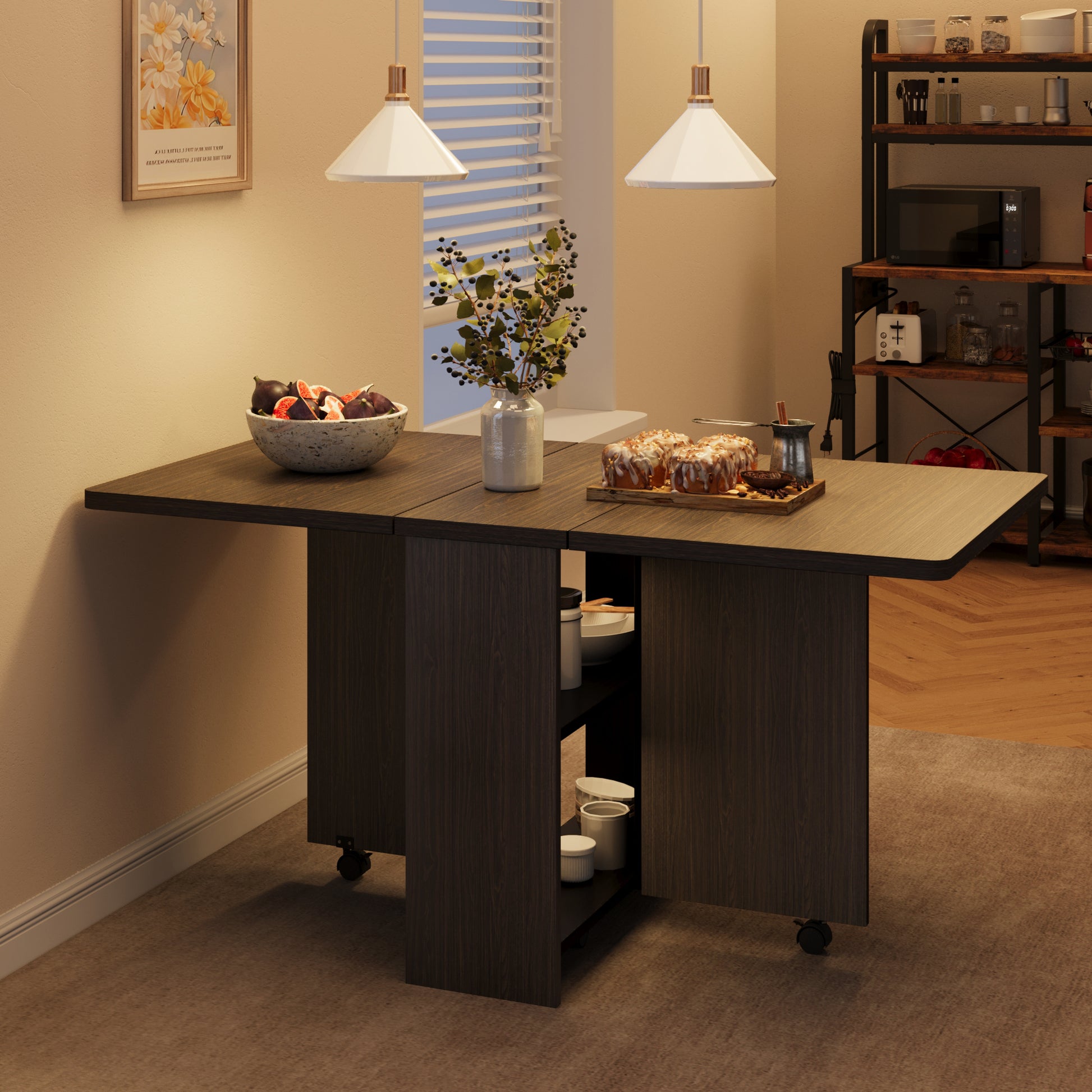 Garvee 51.1" Folding Dining Table, Drop Leaf Dining Table for 4, Foldable Kitchen Table with 2 Storage Shelf, 6 Wheels, Movable Space Saving Dining Tables for Small Spaces, Dark Walnut, Large