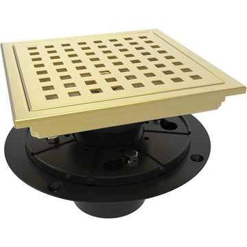 Garvee 6-Inch Rectangular Shower Floor Drain with Hair Filter, Removable Grate, 304 Stainless Steel, and Abs Fixing Tray, Gold