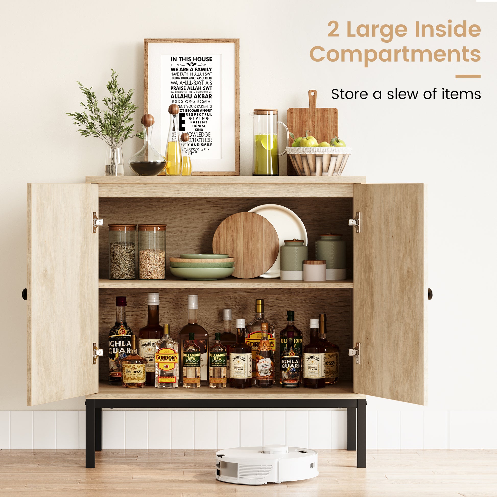 Garvee Rattan Buffet Cabinet with Storage, Farmhouse Sideboard Cabinet with Doors and Adjustable Shelves, Modern Wood Cupboard for Kitchen, Living Room and Dining Room