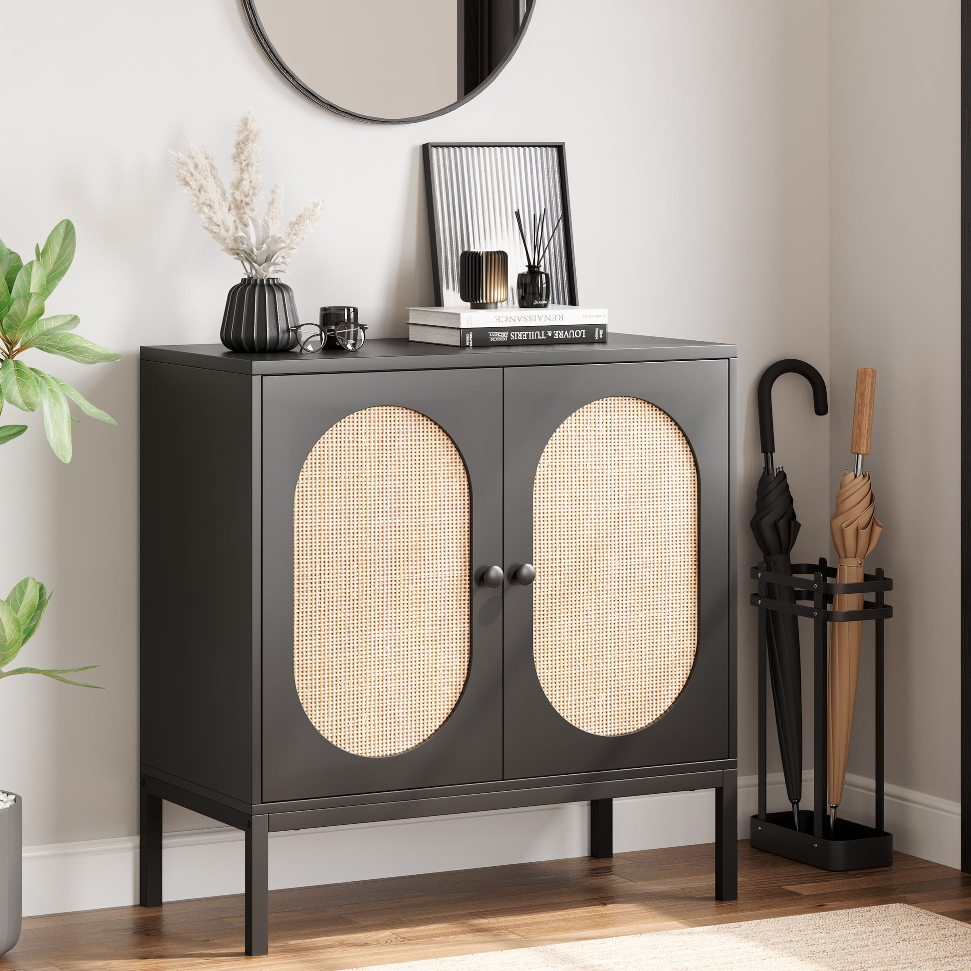 Garvee Buffet Cabinet with Rattan Doors, Farmhouse Sideboard Cabinet with Adjustable Shelves, Modern Wood Cupboard for Kitchen , Living Room, Dining Room, Hallway, Black