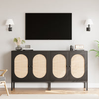 Garvee Buffet Cabinet with Rattan Doors, Farmhouse Sideboard Cabinet with Adjustable Shelves, Modern Wood Cupboard for Kitchen , Living Room, Dining Room, Hallway, Black