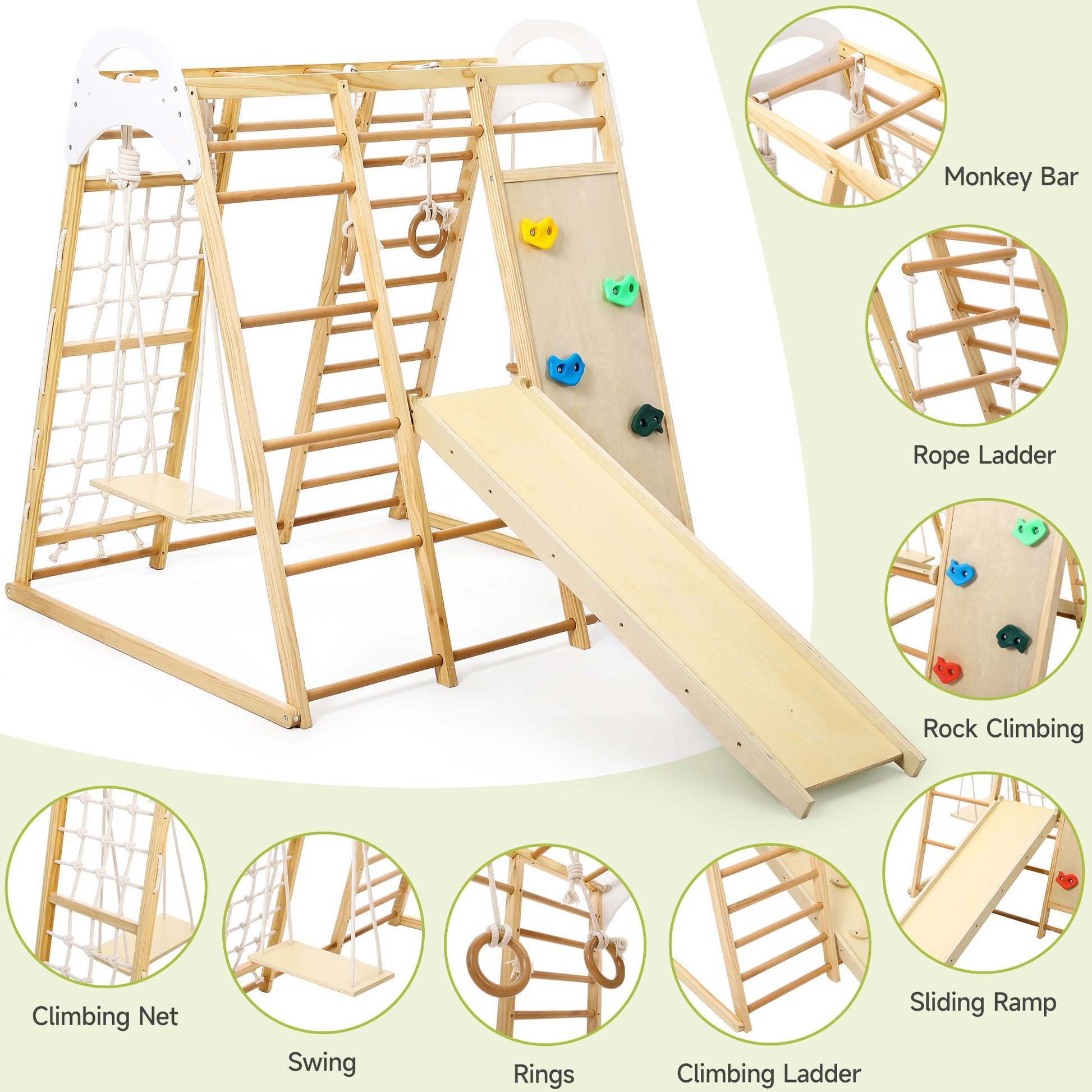 Garvee Jungle Gym for Toddlers - 8 in 1 Wooden Gym Playset with Swing, Monkey Bar, Rings, Climbing Structure for Indoor Climbing and Sliding Fun