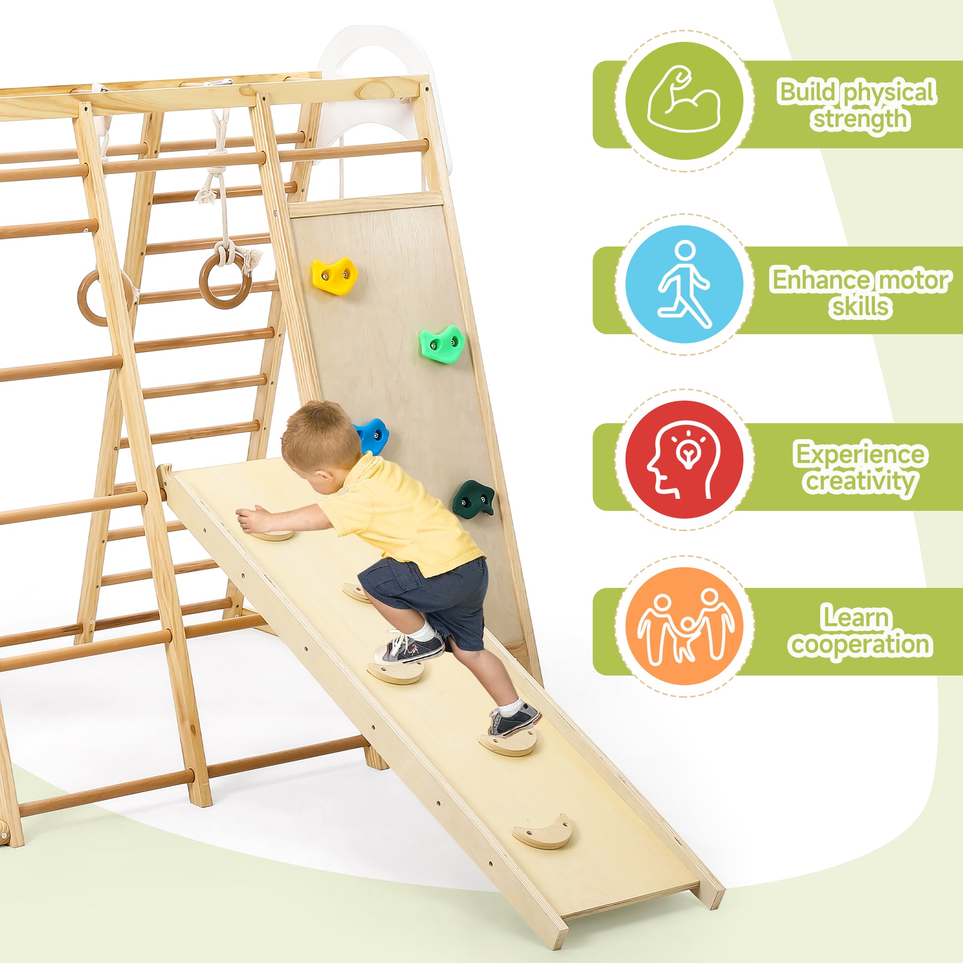 Garvee Jungle Gym for Toddlers - 8 in 1 Wooden Gym Playset with Swing, Monkey Bar, Rings, Climbing Structure for Indoor Climbing and Sliding Fun