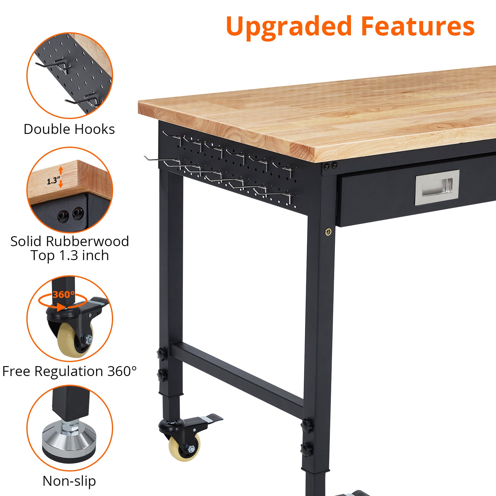 GARVEE Workbench, 2000 lbs Load Capacity, 48 x 24 Inch Rubber Wood Top Work Bench with Drawer Storage, Backplate, Power Outlets & Hooks, Heavy-Duty Workstation for Garage, Workshop, Office