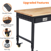 GARVEE Workbench, 2000 lbs Load Capacity, 48 x 24 Inch Rubber Wood Top Work Bench with Drawer Storage, Backplate, Power Outlets & Hooks, Heavy-Duty Workstation for Garage, Workshop, Office