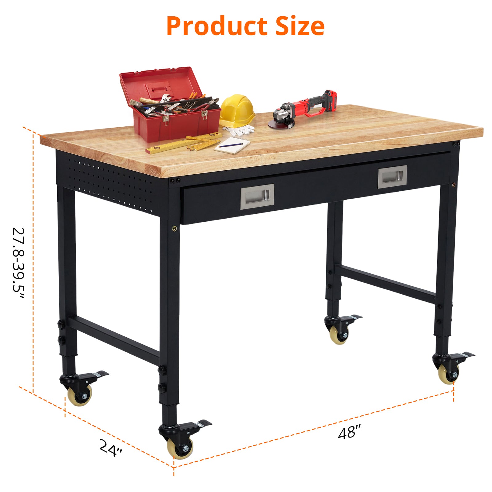 GARVEE Adjustable Workbench, 2000 lbs Capacity, 48 x 24 Inch Rubber Wood Top Work Bench with Drawer & 4 Rolling Casters, Heavy-Duty Metal Frame Work Table for Garage, Workshop, Office, Home, without Back Panel Light Strip