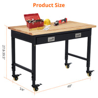 GARVEE Adjustable Workbench, 2000 lbs Capacity, 48 x 24 Inch Rubber Wood Top Work Bench with Drawer & 4 Rolling Casters, Heavy-Duty Metal Frame Work Table for Garage, Workshop, Office, Home, without Back Panel Light Strip