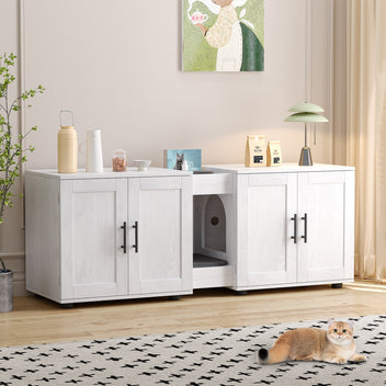 Garvee Litter Box Enclosure with Double Room, Hidden Cat Litter Box Cabinet Furniture for 2 Cats with Storage Groove & Odor-Reducing Mat, Wooden Enclosed Cat House for Home Apartment, White