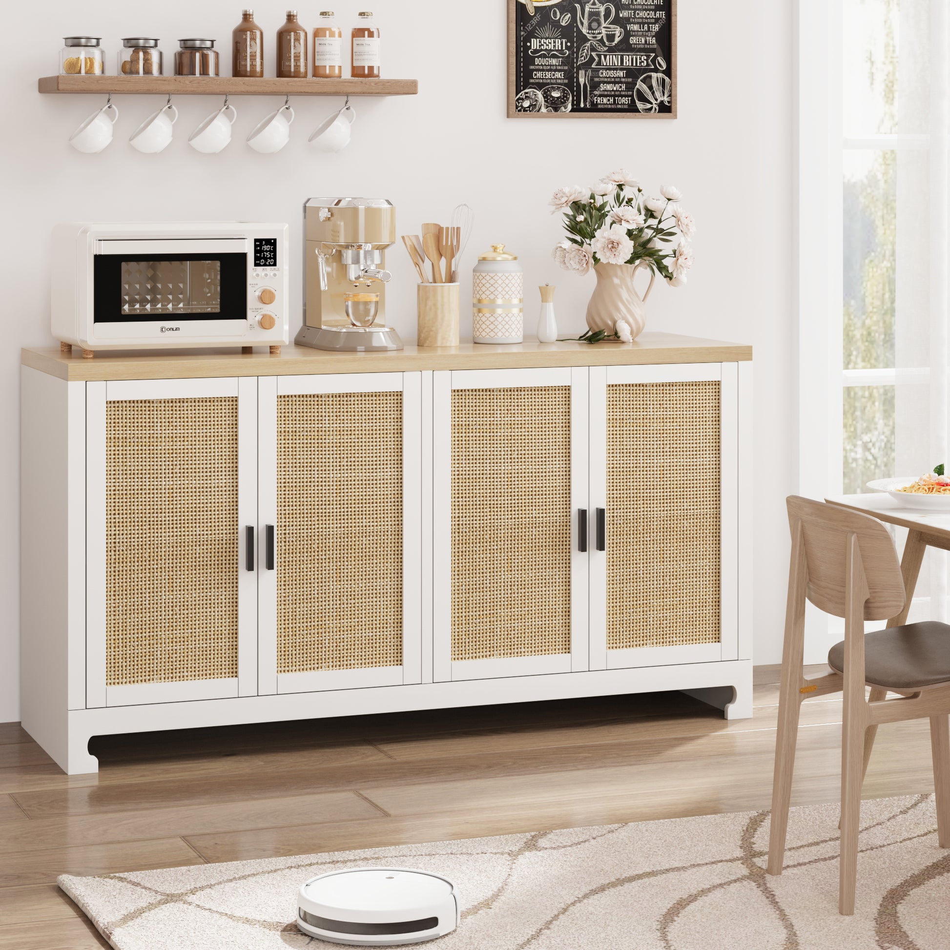 Garvee Buffet Cabinet, Rattan Storage Cabinet with 4 Doors and Shelf, Sideboard Buffet Cabinet with Storage, Accent Cabinet Console for Dining Room, Living Room, Hallway (White)