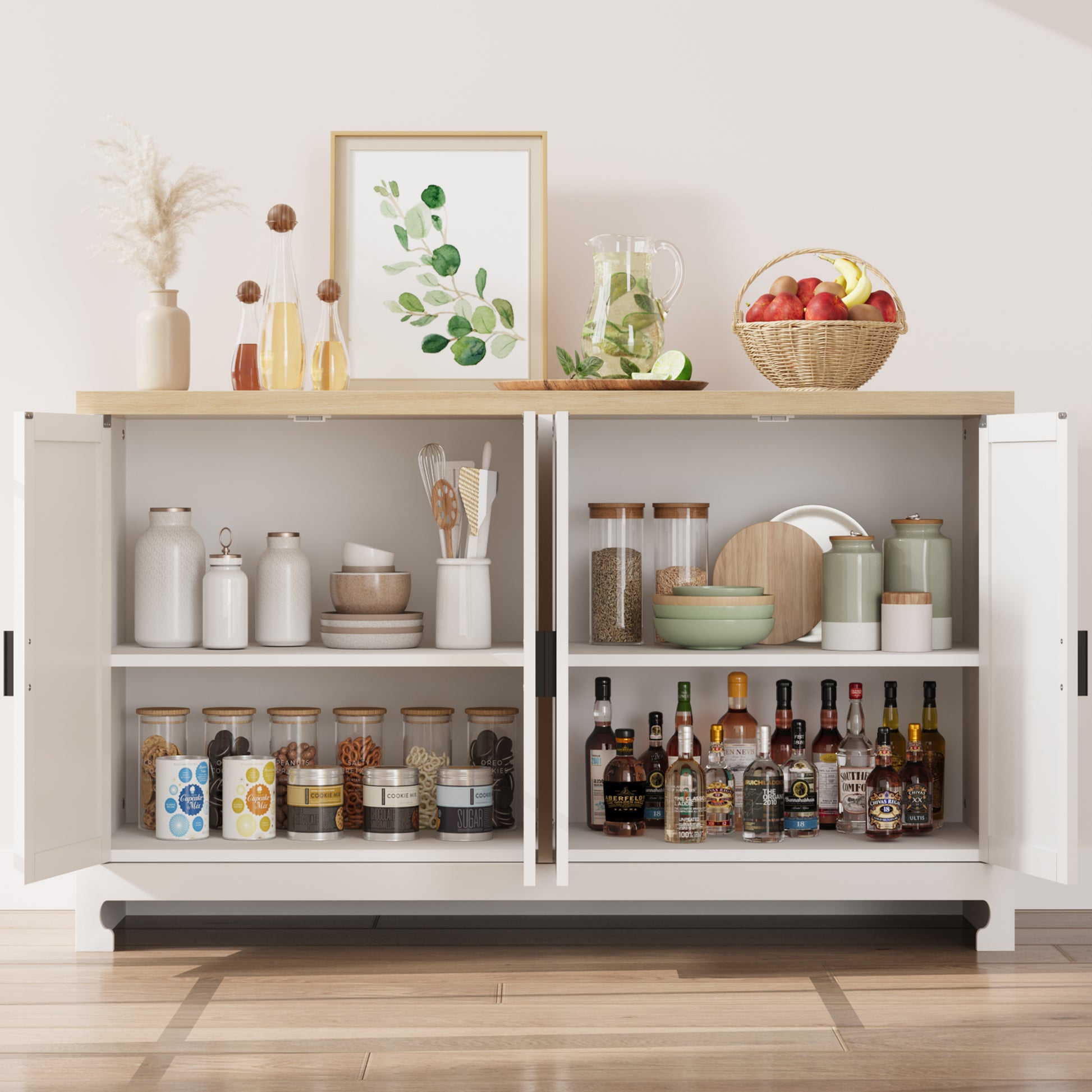 Garvee Buffet Cabinet, Rattan Storage Cabinet with 4 Doors and Shelf, Sideboard Buffet Cabinet with Storage, Accent Cabinet Console for Dining Room, Living Room, Hallway (White)