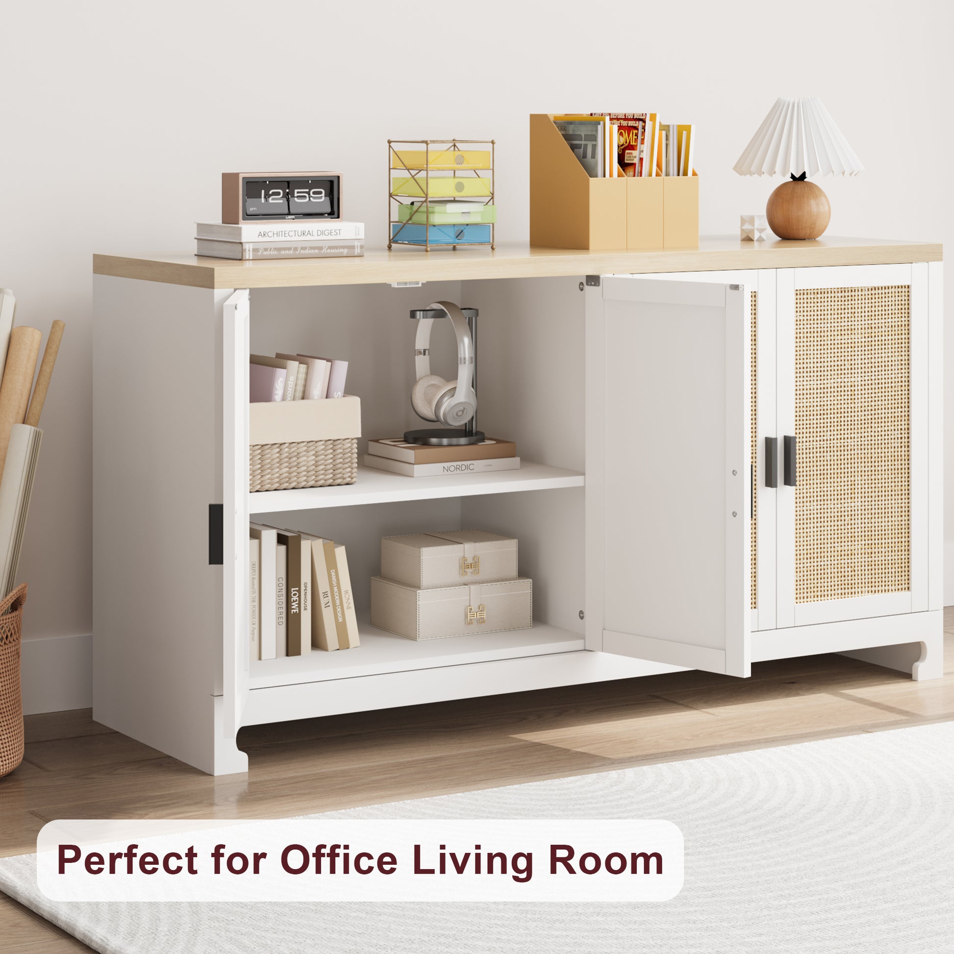 Garvee Buffet Cabinet, Rattan Storage Cabinet with 4 Doors and Shelf, Sideboard Buffet Cabinet with Storage, Accent Cabinet Console for Dining Room, Living Room, Hallway (White)