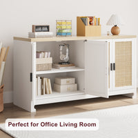 Garvee Buffet Cabinet, Rattan Storage Cabinet with 4 Doors and Shelf, Sideboard Buffet Cabinet with Storage, Accent Cabinet Console for Dining Room, Living Room, Hallway (White)