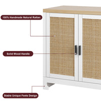 Garvee Buffet Cabinet, Rattan Storage Cabinet with 4 Doors and Shelf, Sideboard Buffet Cabinet with Storage, Accent Cabinet Console for Dining Room, Living Room, Hallway (White)