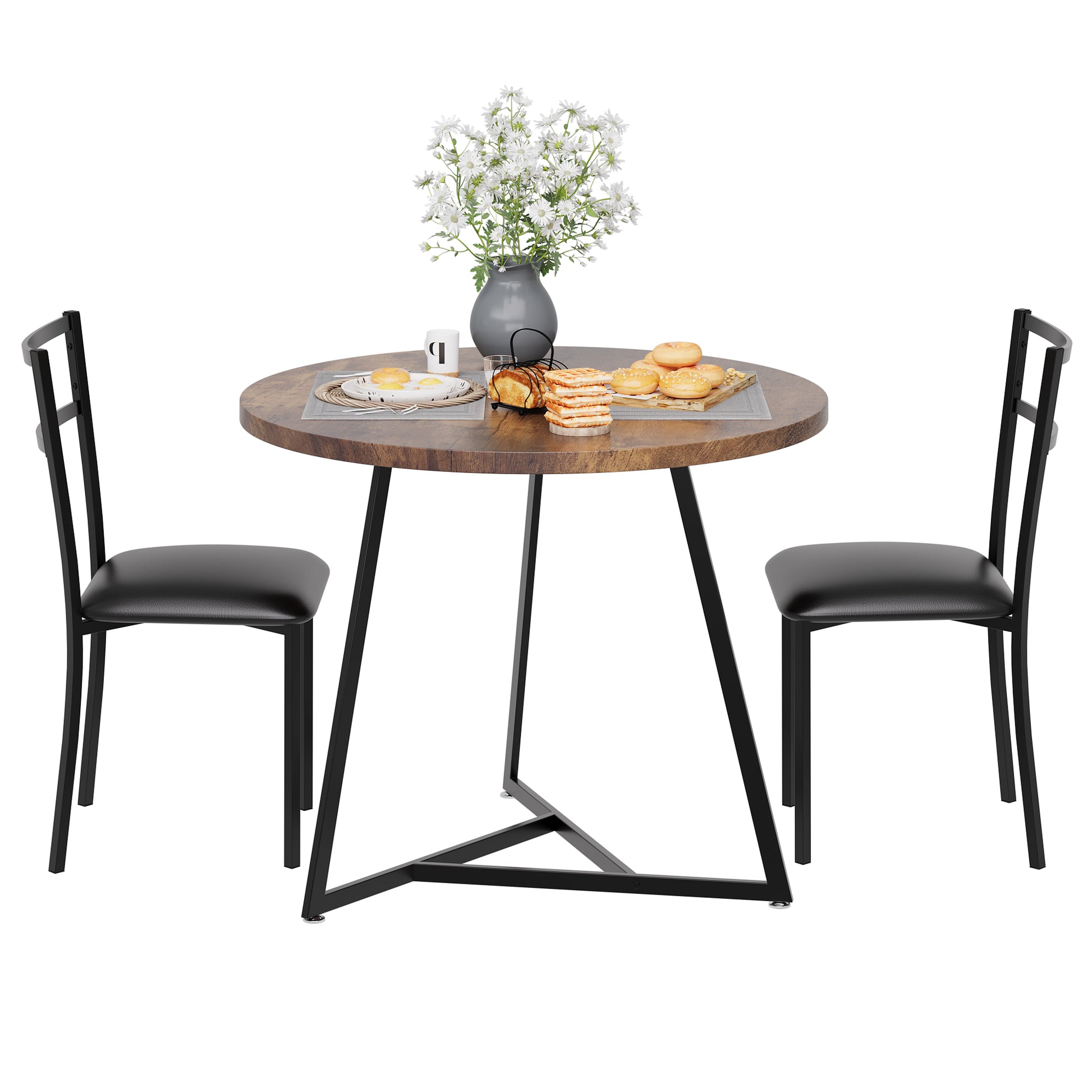 Garvee Round Dining Table Set for 2, Modern Kitchen Table Chairs Set of 2, Small Dining Room Table Set with 2 Upholstered Chairs, Furniture Set Dinette for Small Place, Apartment(Brown)