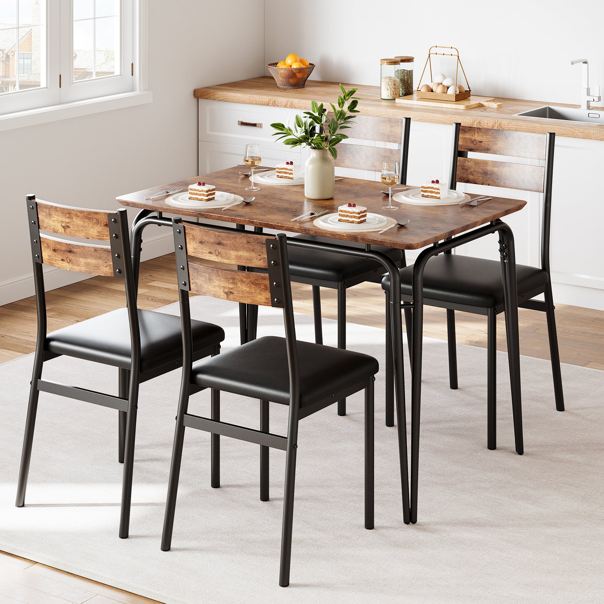 Garvee Modern Dining Table and Chair Set with for Rectangle Wood Table and 4 Upholstered Seats, Brown